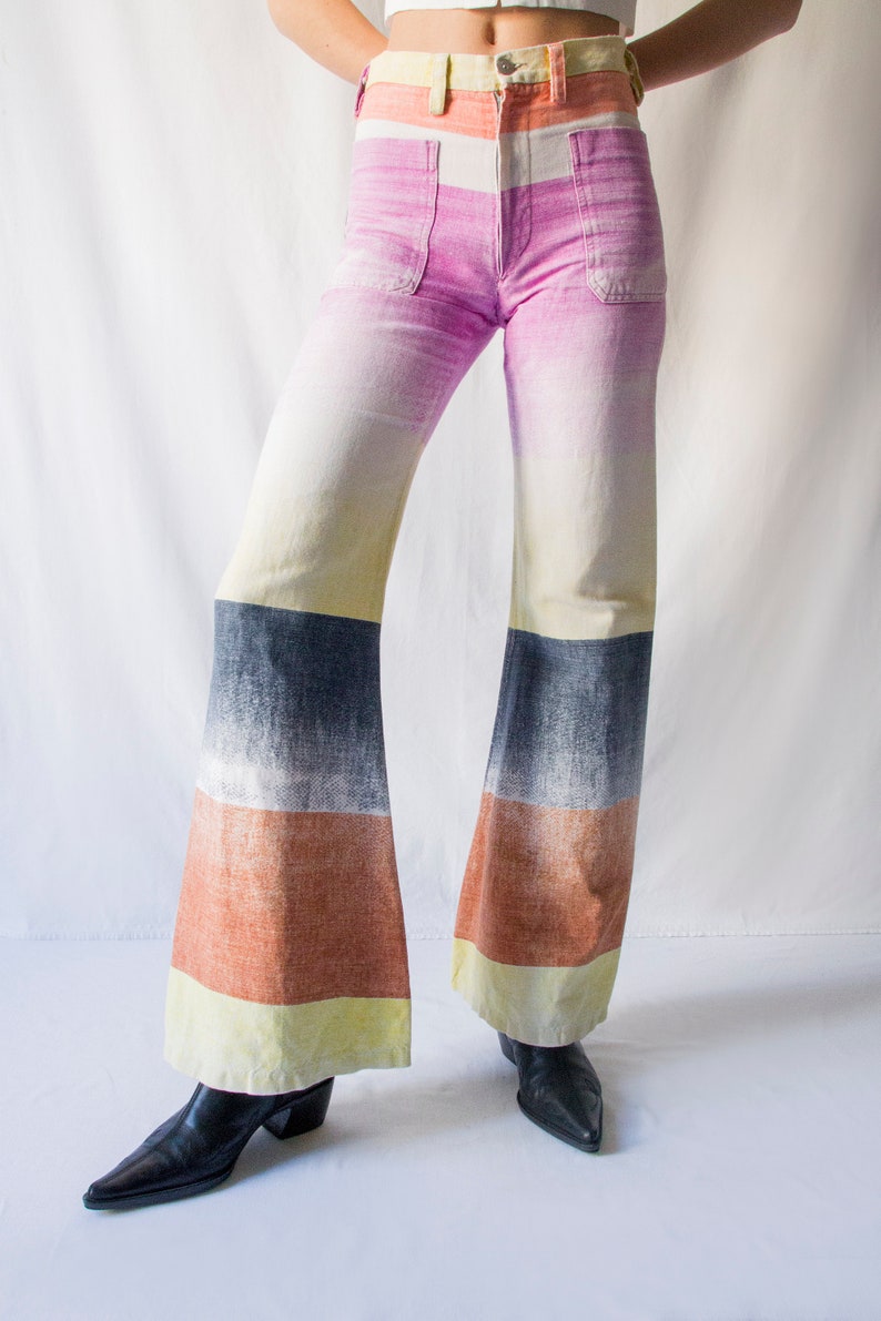 Rare 1970s colorful gradient flared pants with front patch pockets // Vintage 70s French brand Philnat bell bottom trousers image 4