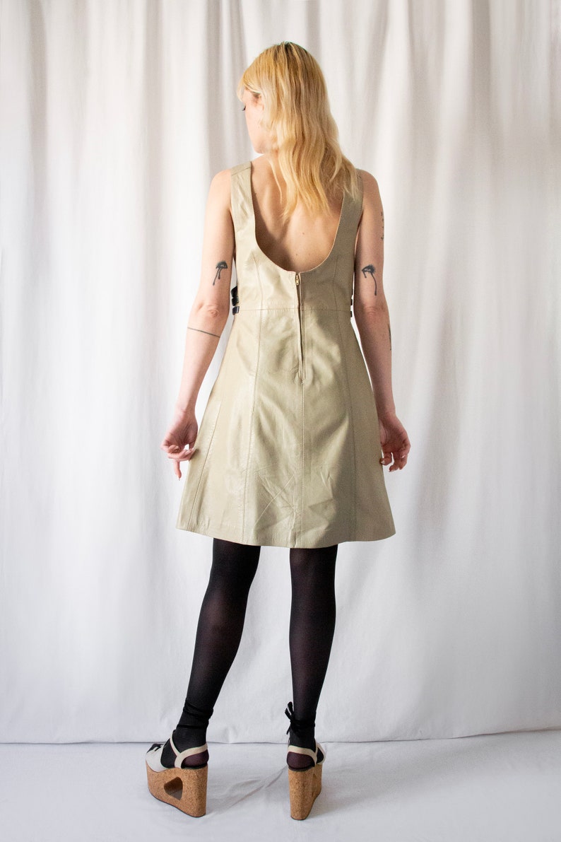 1960s Italian made A line taupe leather dress with gold buckle details // Vintage 60s Mod scooter space age round collar backless mini dress image 4