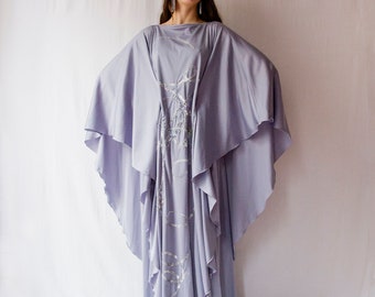 1970s Jean Varon powder periwinkle grecian jersey draped maxi dress // Vintage 70s John Bates beaded bird gown sequined ethereal caftan