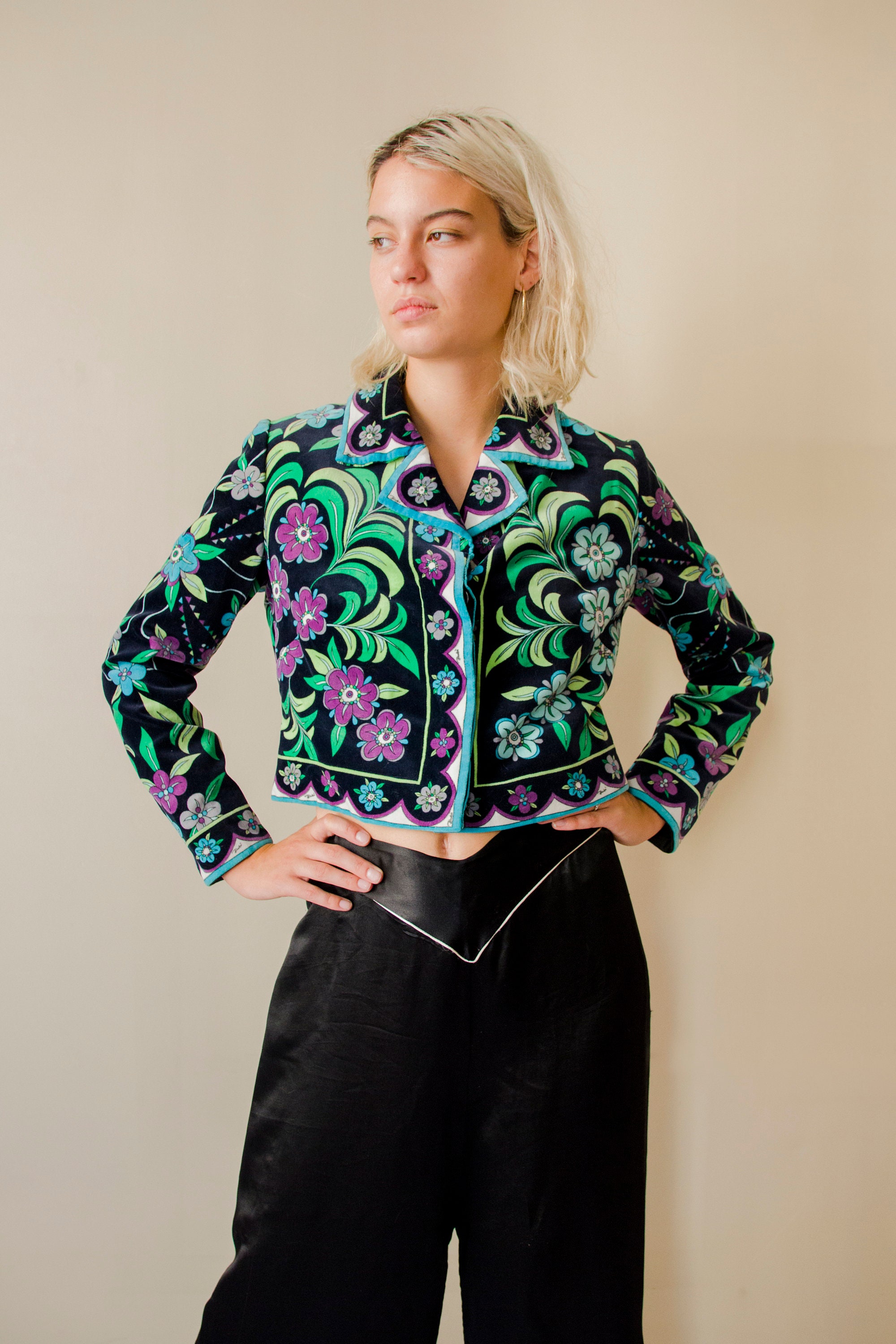 Emilio Pucci 1970s Iconic Vintage Velvet Floral Cropped Jacket