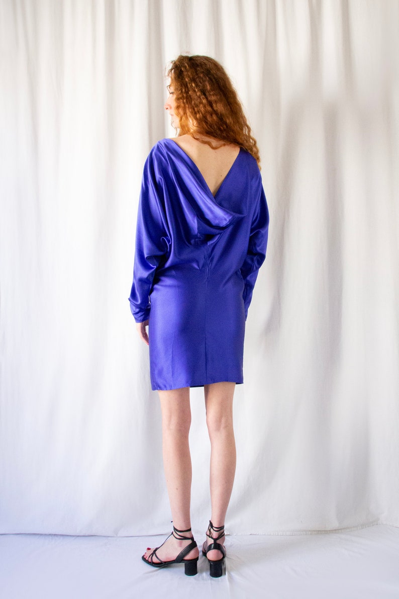 1980s Romeo Gigli royal blue silk draped back dress with dolman sleeves // Vintage rare 80s Gigli mini tunic dress, fitted hips image 6