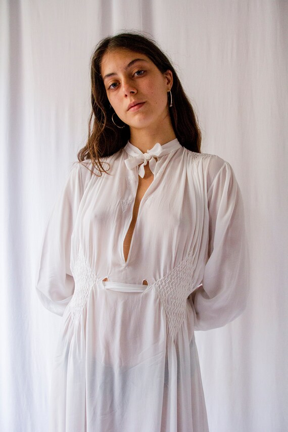 1930s embroidered smocked silk dress plunging neck