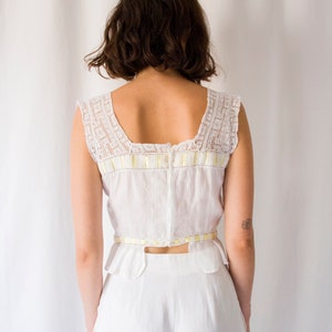 Antique Edwardian white sheer cotton & lace bodice with yellow ribbon // Vintage Victorian 1900s square neckline tank top camisole image 4