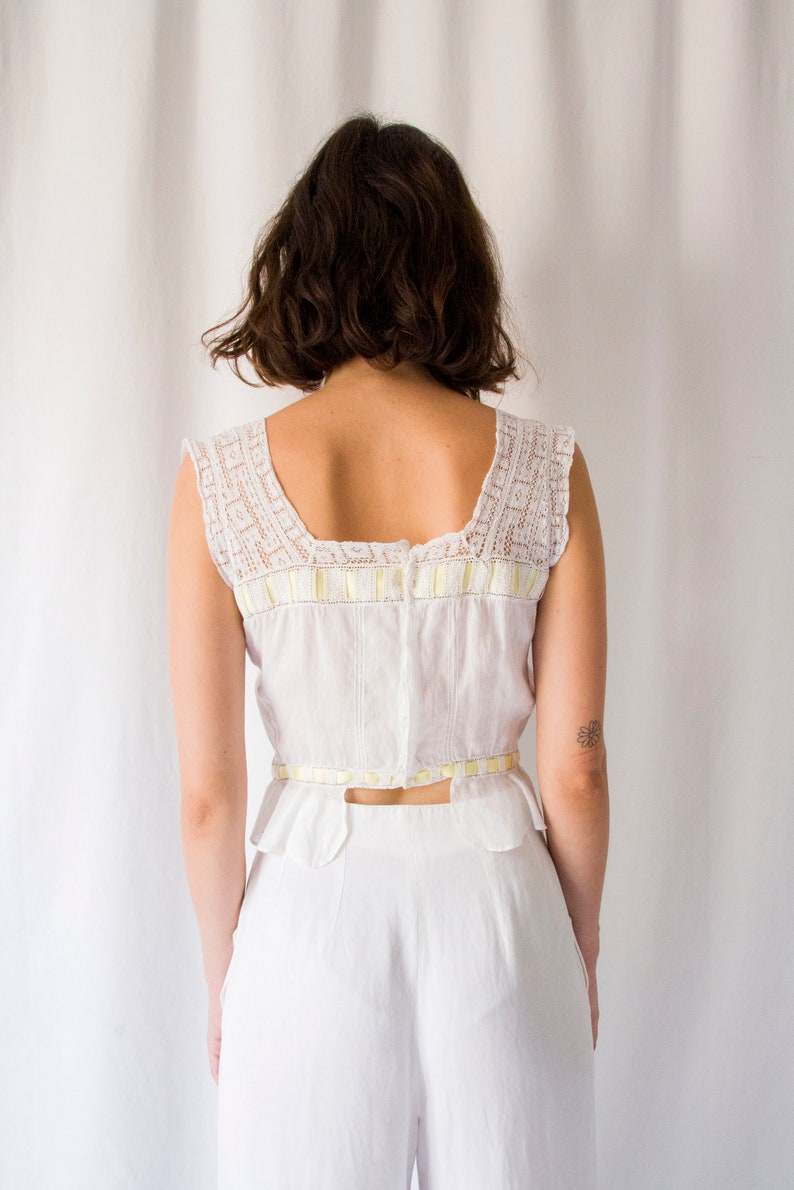 Antique Edwardian white sheer cotton & lace bodice with yellow ribbon // Vintage Victorian 1900s square neckline tank top camisole image 4