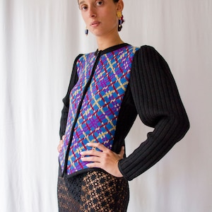 1970s Yves Saint Laurent Rive gauche Russian Collection jacquard cardigan // 70s YSL pure wool checkered black sweater with mutton sleeves