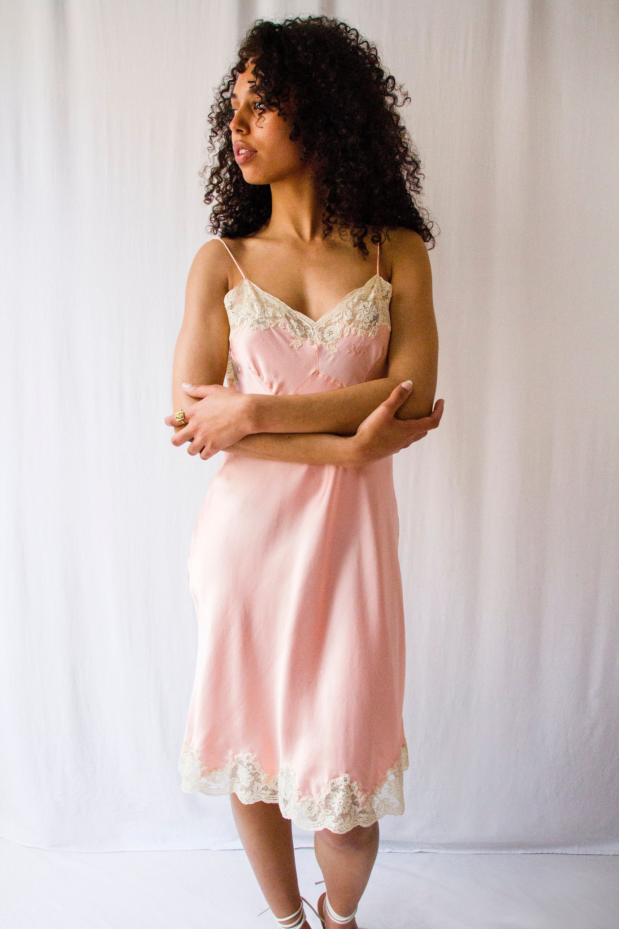 1930s Pink Satin Silk Cream Lace Monogram Lingerie Slip Dress