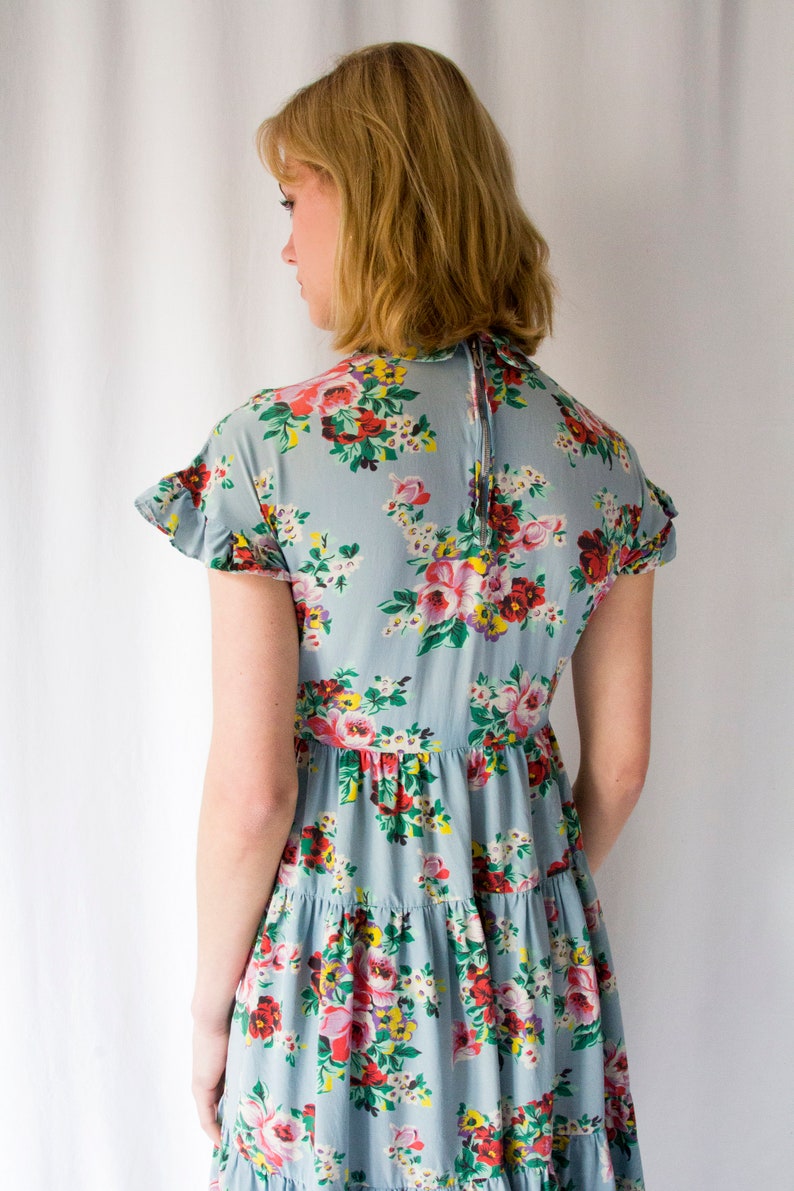 1930s light blue floral print silk tiered dress with peter pan collar // Vintage 30s full skirt flounced day dress, short sleeves image 7