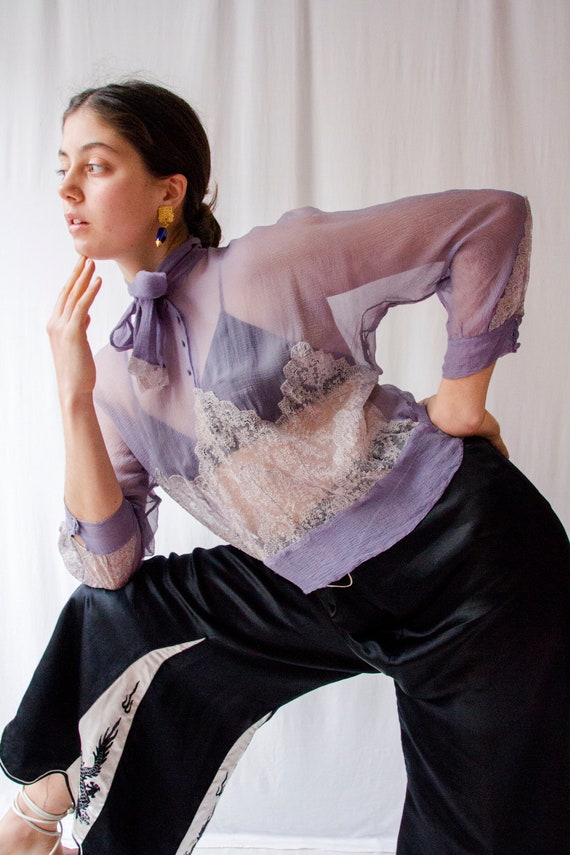 1930s periwinkle silk chiffon & lace long sleeves