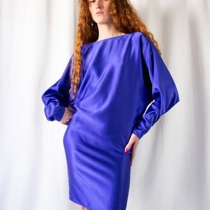1980s Romeo Gigli royal blue silk draped back dress with dolman sleeves // Vintage rare 80s Gigli mini tunic dress, fitted hips image 3