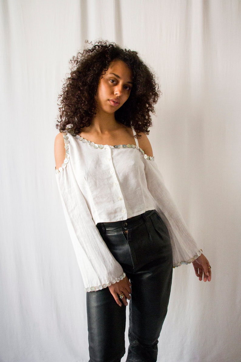 1990s Y2K off shoulder mother of pearl buttons white linen top // Vintage minimalist asymmetrical blouse with long bell sleeves image 5