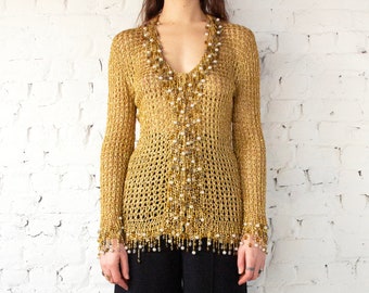 1970s Loris Azzaro cardigan gold lurex knit, chain & beads // Vintage 70s metallic crochet long sweater with heavy beading, long sleeves