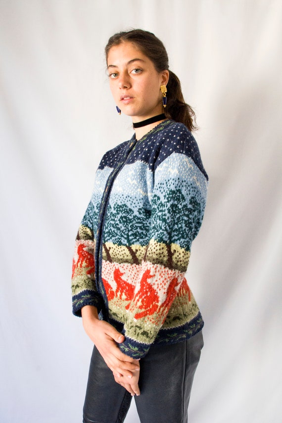 1970s handmade wool cardigan landscape with fox a… - image 2