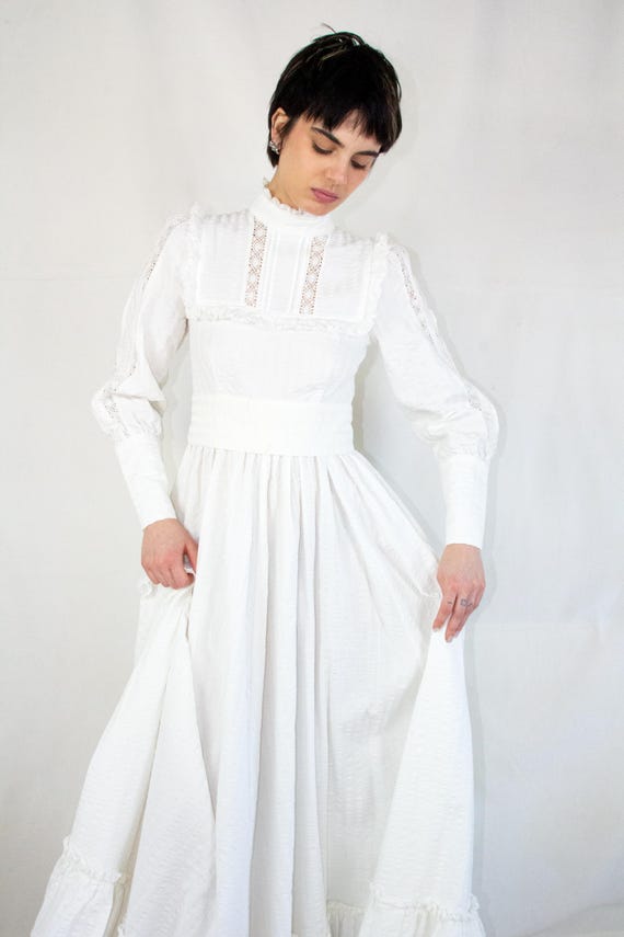 Amazing Botanical Print Rare Seersucker Cotton 1970s Prairie Dress