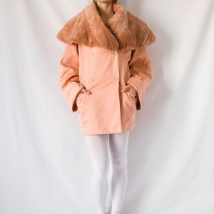 1980s Claude Montana salmon pink coat with huge fur collar // 80's Montana tailored jacket, kimono sleeve, front pockets, double breasted image 8