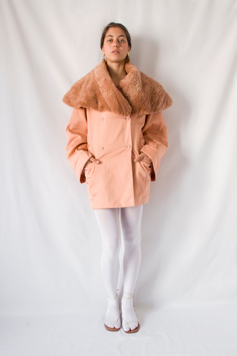 1980s Claude Montana salmon pink coat with huge fur collar // 80's Montana tailored jacket, kimono sleeve, front pockets, double breasted image 8