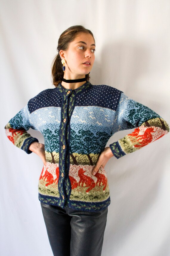 1970s handmade wool cardigan landscape with fox a… - image 5