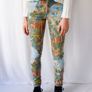 1980s Kenzo jeans jungle tiger print fitted pant // 80s green brown & blue denim cotton slim trouser // S XS image 5