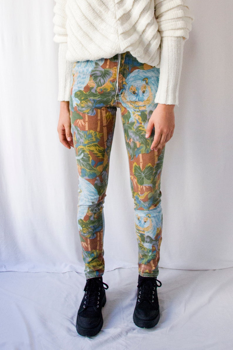 1980s Kenzo jeans jungle tiger print fitted pant // 80s green brown & blue denim cotton slim trouser // S XS image 5
