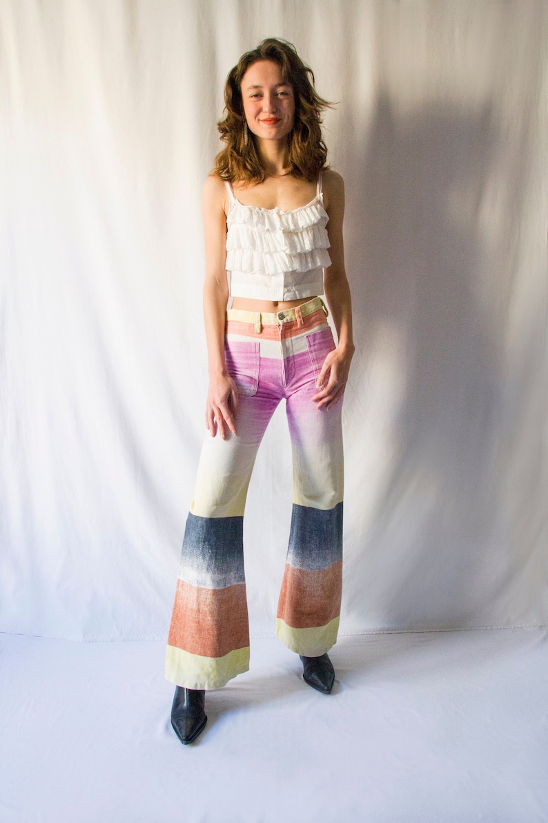 Rare 1970s colorful gradient flared pants with front patch pockets // Vintage 70s French brand Philnat bell bottom trousers image 1