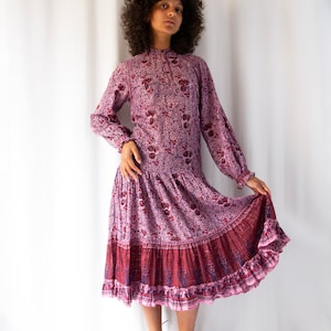 1970s Indian pink floral cotton gauze & lurex block print dress // 70s hippie bohemian tent dress with long sleeves