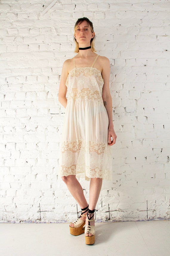 1920s Antique White Silk & Embroidered Net Lace Sheer Slip Dress 