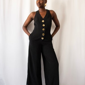 1980s black bare back jumpsuit with big gold buttons and rings // Vintage 80s California made minimalist wide leg overalls with side pockets zdjęcie 4