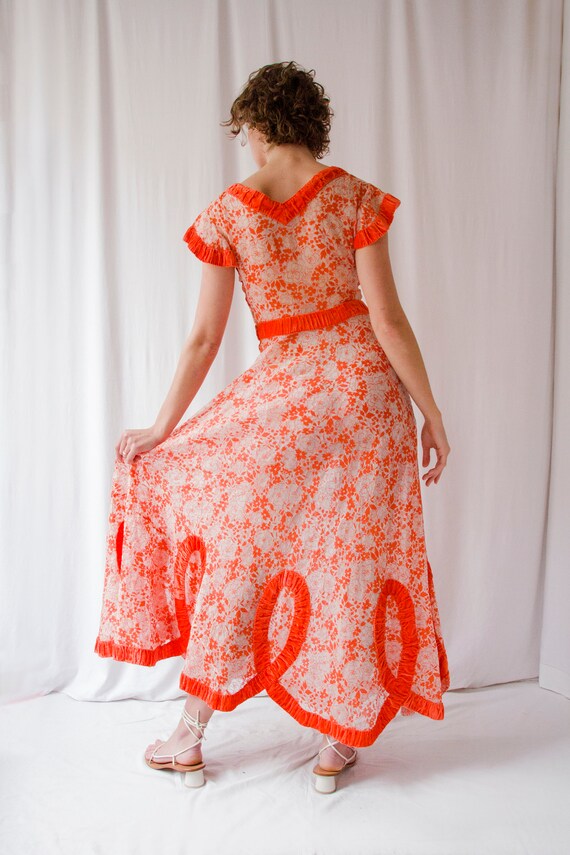 1930s bright orange floral organza silk velvet ri… - image 7