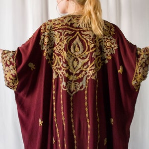 1970s Oriental embroidered gold & burgundy red kaftan coat // Vintage 70s handmade hippie bohemian applique embroideries caftan