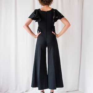 1970s black crepe flared leg jumpsuit with ruffled sleeves // Vintage 70s hippie bell bottom palazzo overalls image 3