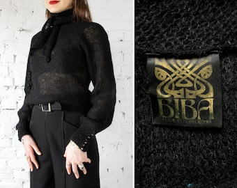 1970s BIBA black mohair wool sweater with knotted scarf collar // Vintage 70s Biba London by Barbara Hulanicki open knit see-through jumper