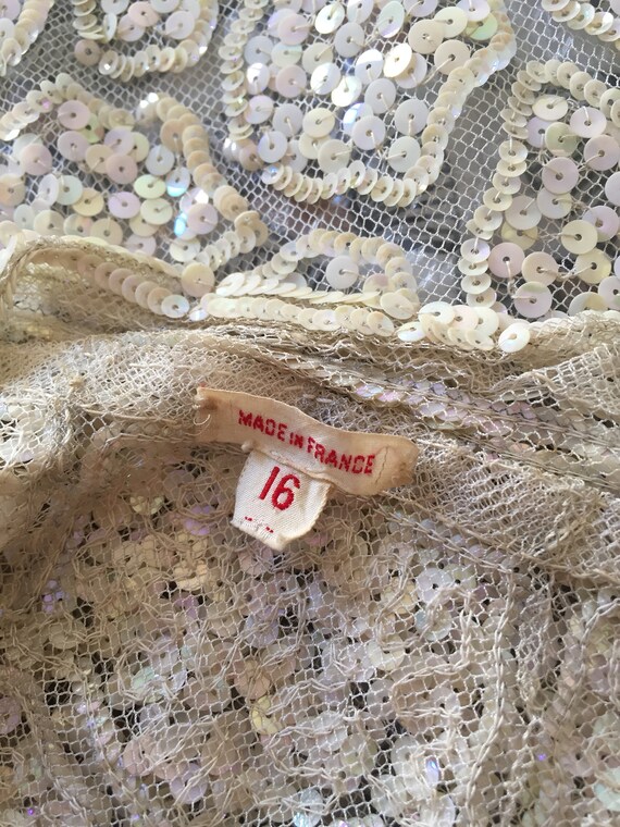 1920s French ivory gelatin sequin on mesh embroidered… Gem