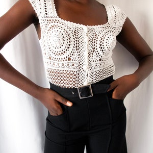 1980s Kenzo white cotton crochet top with buttoned front // Vintage 80's handmade see-through knit bustier with square neckline image 2