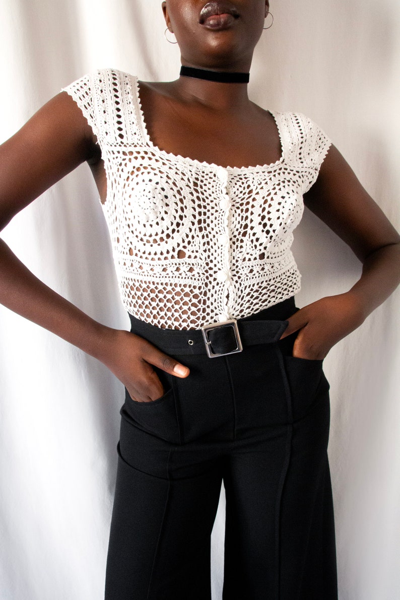 1980s Kenzo white cotton crochet top with buttoned front // Vintage 80's handmade see-through knit bustier with square neckline image 2