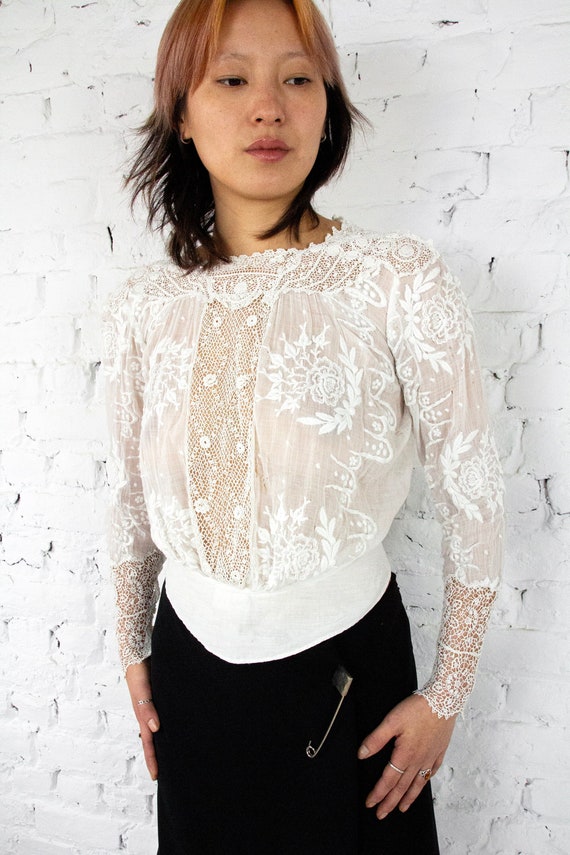 Antique Edwardian Embroidered White Sheer Cotton Blouse With 