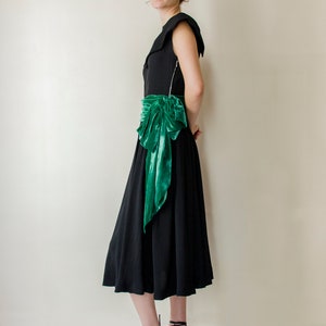 Vintage 1940s black dress with green velvet draped belt // 40s embroidered neckline & wide collar day or evening dress full circle skirt image 4