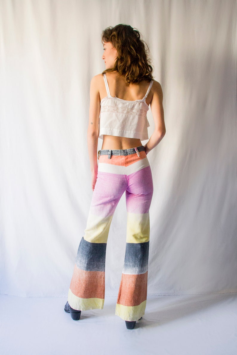 Rare 1970s colorful gradient flared pants with front patch pockets // Vintage 70s French brand Philnat bell bottom trousers image 3