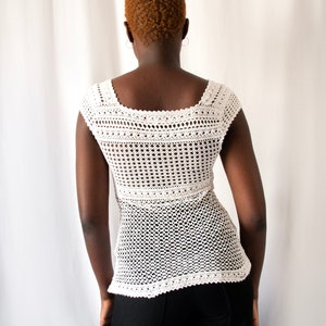 1980s Kenzo white cotton crochet top with buttoned front // Vintage 80's handmade see-through knit bustier with square neckline image 5