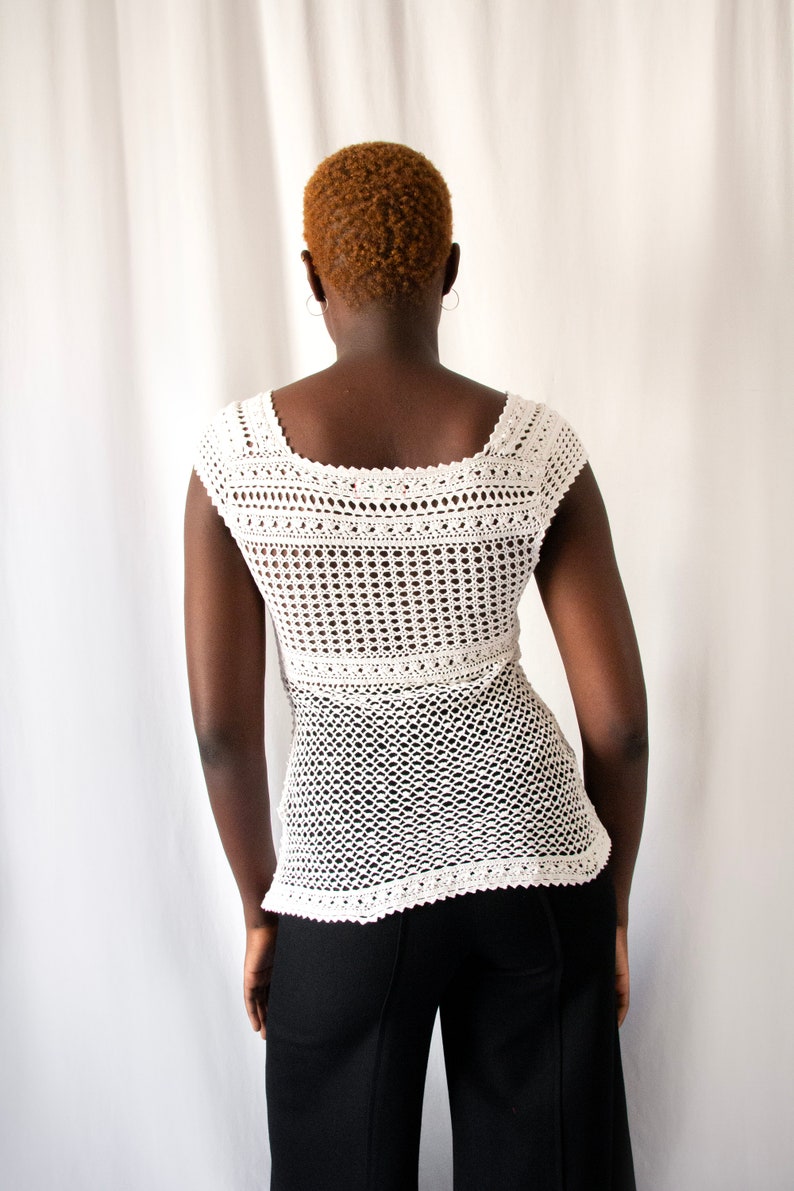 1980s Kenzo white cotton crochet top with buttoned front // Vintage 80's handmade see-through knit bustier with square neckline image 5