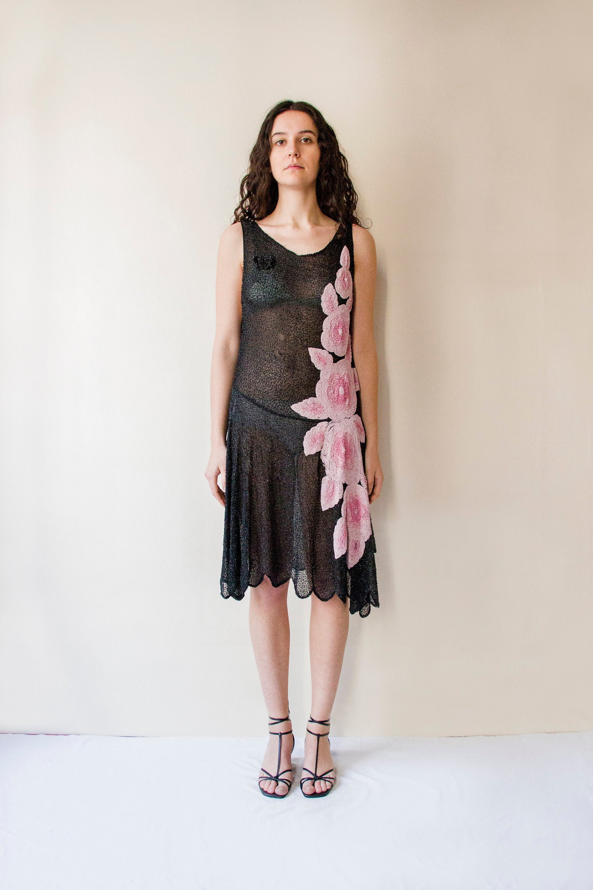 Antique 1920s French flapper beaded black & pink flower dress // Vintage 20s embellished sheer chiffon silk evening dress scalloped hem
