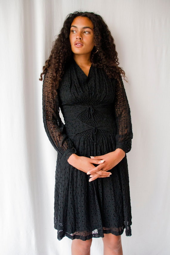 Vintage 1930s black cut out chiffon honeycomb smoc