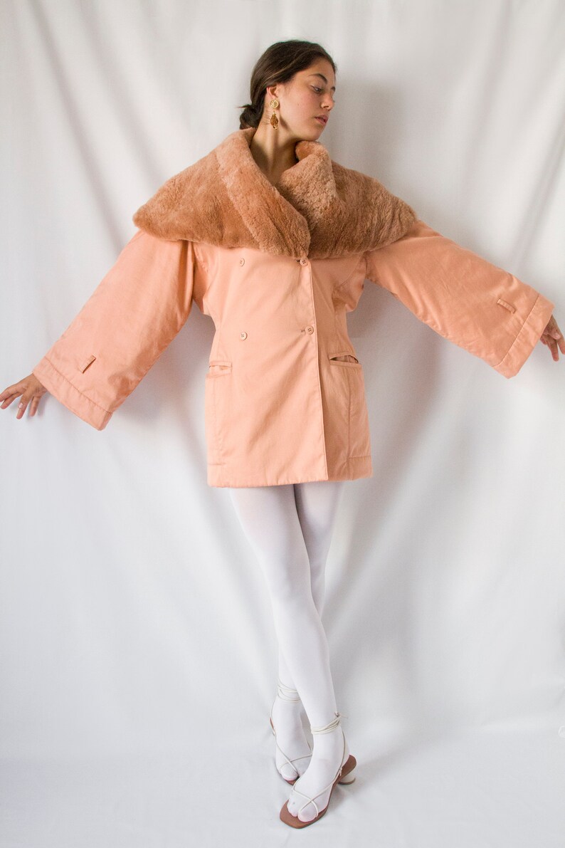 1980s Claude Montana salmon pink coat with huge fur collar // 80's Montana tailored jacket, kimono sleeve, front pockets, double breasted image 6