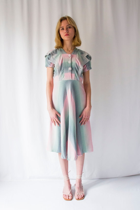 1930s bias cut cotton candy striped print dress w… - image 1