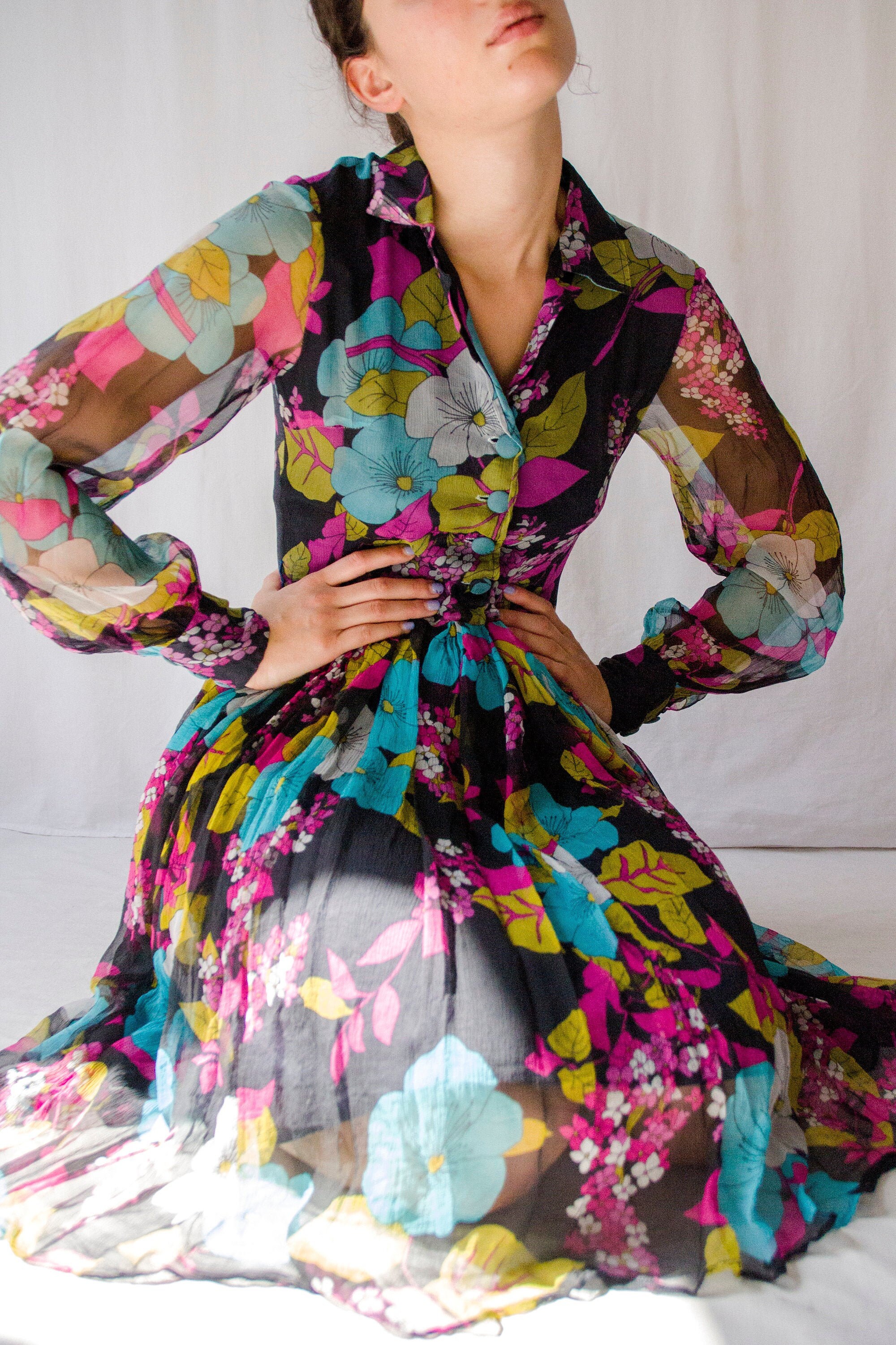Vintage 1960s Floral Print Chiffon Silk Mini Dress With Billow 
