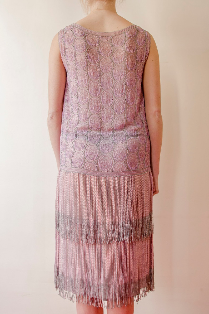 Rare Vintage 1920s French flapper beaded dress lilac pink fringed // 20s Tiered fringe embellished sheer chiffon silk evening dress image 7