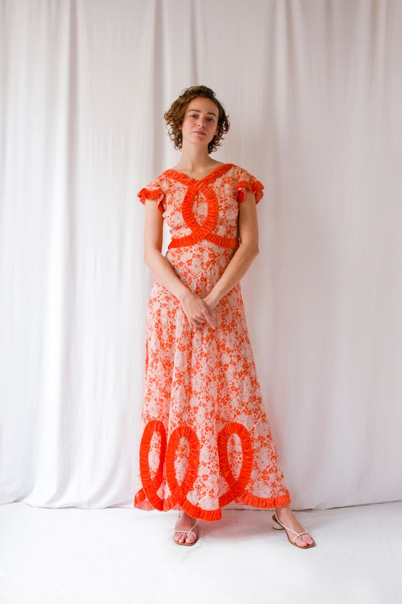 1930s bright orange floral organza silk velvet ri… - image 2