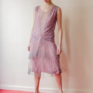 Rare Vintage 1920s French flapper beaded dress lilac pink fringed // 20s Tiered fringe embellished sheer chiffon silk evening dress image 5