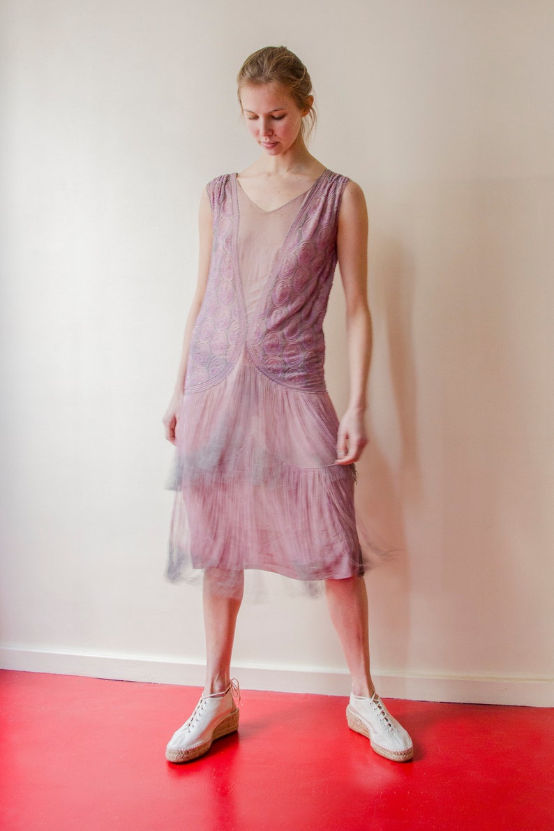 Rare Vintage 1920s French flapper beaded dress lilac pink fringed // 20s Tiered fringe embellished sheer chiffon silk evening dress image 5