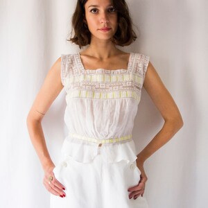 Antique Edwardian white sheer cotton & lace bodice with yellow ribbon // Vintage Victorian 1900s square neckline tank top camisole image 3