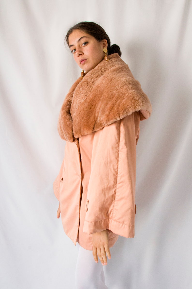 1980s Claude Montana salmon pink coat with huge fur collar // 80's Montana tailored jacket, kimono sleeve, front pockets, double breasted image 2