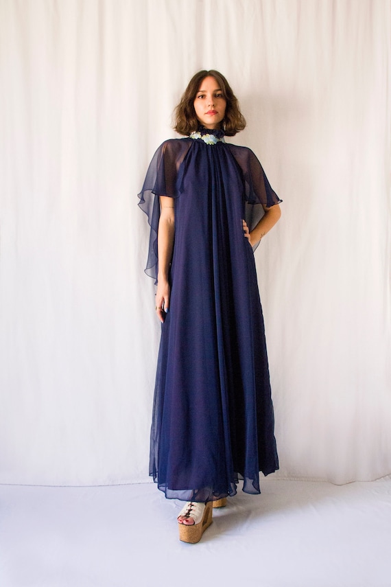 1970s Jean Varon Navy Blue Capelet Chiffon Evening Gown With